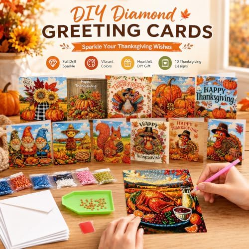 12 PCS Diamond Art Thanksgiving Cards with Envelopes, Thanksgiving Crafts for Adults, Fall Diamond Painting Kits for Card Making, Holiday DIY Kits (Orange) - Image 5