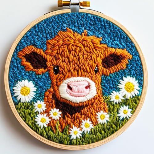 DIY Punch Needle Kits Highland Cow with Daisy Flower with Hoop 20x20cm-1 by Unknown