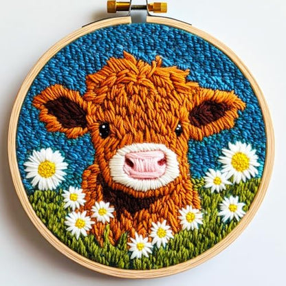 DIY Punch Needle Kits Highland Cow with Daisy Flower with Hoop 20x20cm-1 by Unknown