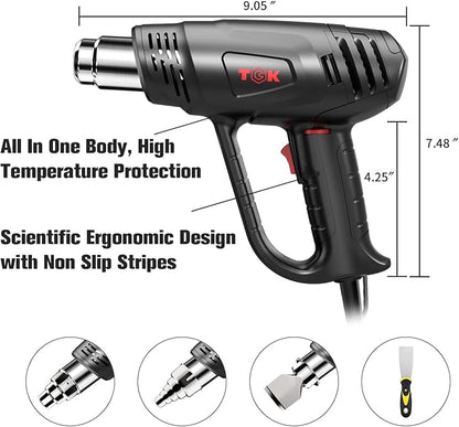 Heat Gun, TGK® 1800W Heavy Duty Hot Air Gun Kit 122℉~1202℉ Dual Temperature Settings with 3 Nozzle Attachments Overload Protection for Crafts, Shrink Wrapping/Tubing, Paint Removing, Epoxy Resin