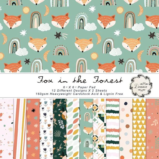 DESEACO Woodland Animal Scrapbook Paper Pad 6x6 – Fox, Bear, Rabbit, Owl Designs, Nursery Theme Origami & Decoupage Sheets for DIY Crafts, Cardmaking, Scrapbooking, Junk Journals – 24 Pcs