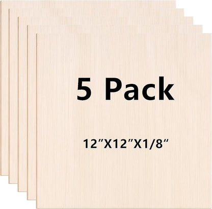 5 Pack 12"x12"x1/8 Basswood Sheets for Crafts- Thin Plywood Sheets - Balsa Wood Sheets -Unfinished Wood Boards for Painting,Laser Cutting,Engraving, Burning and CNC Cutting