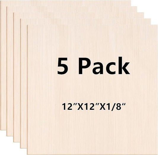 5 Pack 12"x12"x1/8 Basswood Sheets for Crafts- Thin Plywood Sheets - Balsa Wood Sheets -Unfinished Wood Boards for Painting,Laser Cutting,Engraving, Burning and CNC Cutting