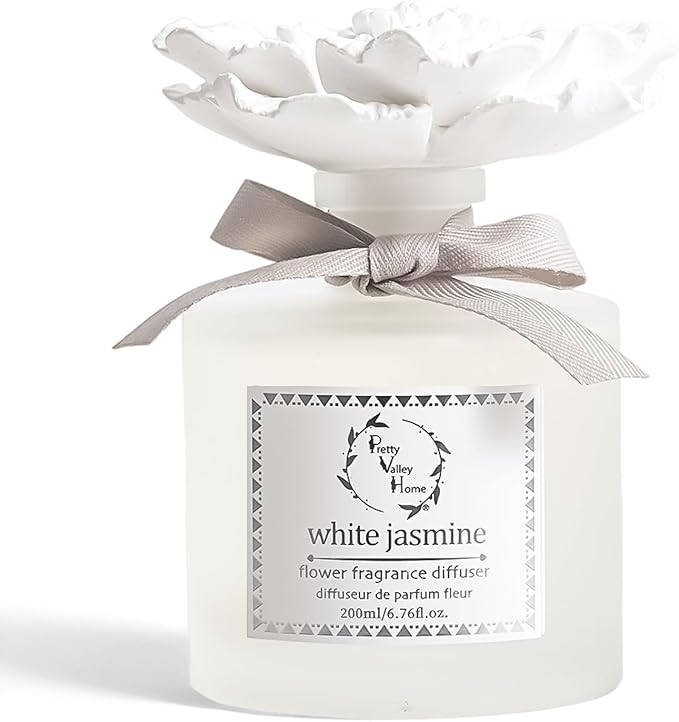 Pretty Valley Home Reed Diffuser Sets, 6.76 Fl. Oz / 200ML Ceramic Diffuser Flower Gift Box, Home Reed Diffuser for Bathroom Office Bathroom Living Room Decor (White Jasmine White)