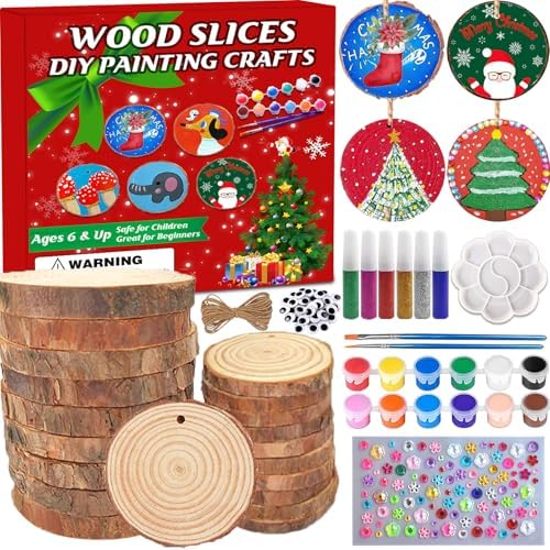 Collabell Christmas Ornament Craft Kit - 20Pcs Natural Round Wood Slices with Painting Supplies for Family, Make Your Own Wood Xmas Tree Decorations, DIY Homemade Wooden Ornaments & Holiday Decor by Collabell