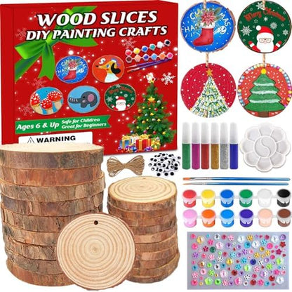 Collabell Christmas Ornament Craft Kit - 20Pcs Natural Round Wood Slices with Painting Supplies for Family, Make Your Own Wood Xmas Tree Decorations, DIY Homemade Wooden Ornaments & Holiday Decor by Collabell