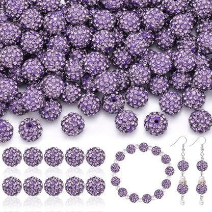 105pcs 10mm Rhinestone Beads for Jewelry Making, Purple Shiny Round Disco Ball Beads Bulk, Sparkle Crystal Clay Christmas for Bracelet Baseball Necklace Earring Crafting and DIY by TINKRSTUFF