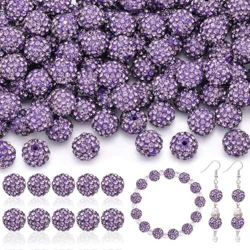 200pcs 10mm Rhinestone Beads for Jewelry Making, Purple Shiny Round Disco Ball Beads Bulk, Sparkle Crystal Clay Christmas for Bracelet Baseball Necklace Earring Crafting and DIY by TINKRSTUFF