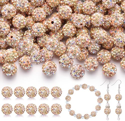 160pcs 10mm Rhinestone Beads for Jewelry Making, Light Peach AB Shiny Round Disco Beads Bulk, Sparkle Crystal Clay Christmas for Bracelet Baseball Necklace Earring Crafting and DIY by TINKRSTUFF