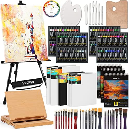 VISWIN 185 PCS Professional All-in-One Art Painting Kit with Beech Wood Easel, 96 Acrylic, Watercolor & Oil Paint Set, Canvas, Painting Set with Complete Art Supplies for Adult, Artist, Beginner by VISWIN