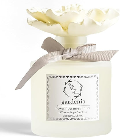 Pretty Valley Home Reed Diffuser Sets, 6.76 Fl. Oz / 200ML Ceramic Diffuser Flower Gift Box, Home Reed Diffuser for Bathroom Office Bathroom Living Room Decor (Gardenia Yellow)