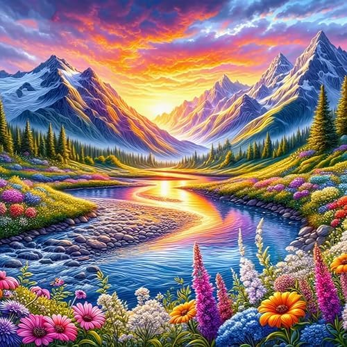 Paint by Numbers Kit for Adults, Mountain River & Wildflower, 16x16 Inch by Okarina