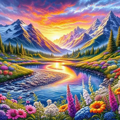 Paint by Numbers Kit for Adults, Mountain River & Wildflower, 16x16 Inch by Okarina