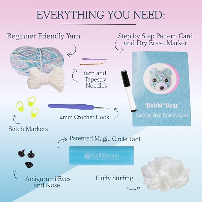 KelliDream Magic Circle Tool Inclusive Learn to Crochet Kit for Beginners; Step-by-Step Video Tutorials; All Supplies to Make Cute Amigurumi (Bear)