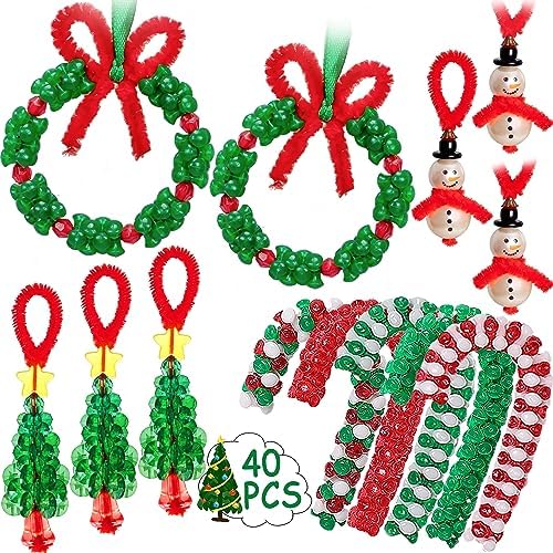 Christmas Crafts for Kids Adults Families, Beaded Ornament Kit to Make Wreath/Candy Cane/Xmas Tree/Snowman, Holiday Decorations Party Supplies, 40 Pieces by jollylife