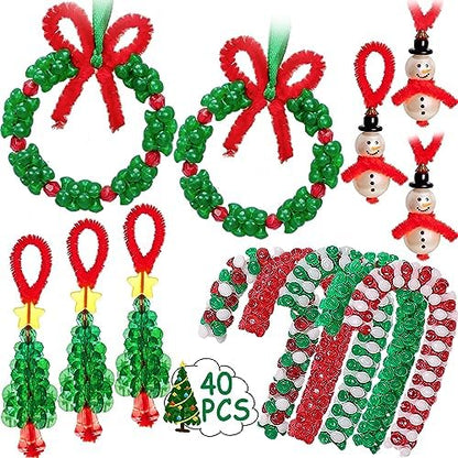 Christmas Crafts for Kids Adults Families, Beaded Ornament Kit to Make Wreath/Candy Cane/Xmas Tree/Snowman, Holiday Decorations Party Supplies, 40 Pieces by jollylife