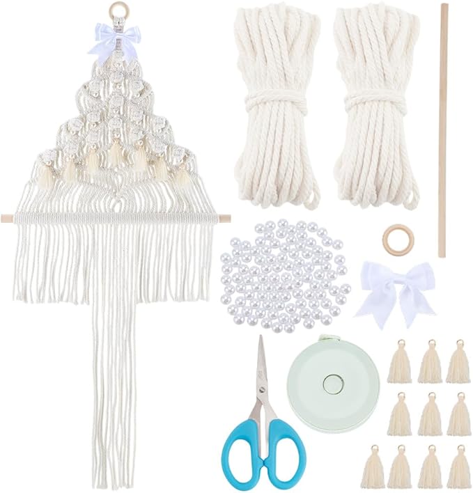 FREEBLOSS Macrame DIY Kit Christmas Tree Macrame Tassels Wall Hanging Christmas Tree Hanging Ornaments White Wall Tassels Tapestry with Wooden Star for Handmade Craft Beginners