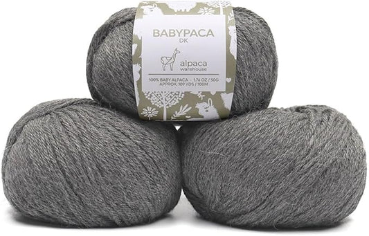 100% Baby Alpaca Yarn Wool Set of 3 Skeins (150 Grams) DK Weight - Made in Peru - Heavenly Soft and Perfect for Knitting and Crocheting (Soft Gray, DK)