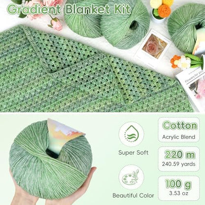 Aeelike Crochet Blanket Kit for Beginners, Easy Crochet Kit, Green Gradient - Image 3