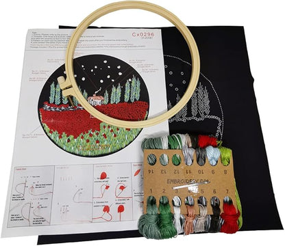 SUQUUB 3 Sets Embroidery Starter Kit with Pattern and Instructions,Cross Stitch Beginner Kits with Frame,3 Plastic Embroidery Hoops,3 Embroidery Clothes and Color Threads (3X Landscape Pattern)