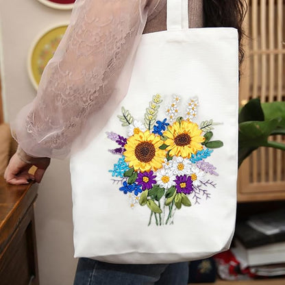 Canvas Tote Bag Silk Ribbon Embroidery Kit for Beginners, Arts DIY Crafts Starter kit, Include Stamped Bag Threads Hoop
