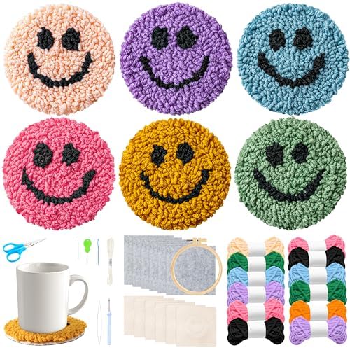 FoszaSzept Smile Punch Needle Coaster Kit, 22Pcs Embroidery Needle Coasters Crafts for Beginners, Easy DIY Mug Tufted Making Set with 6 Patterns Hoop Self Adhesive Felt Cloth Threading Device Gifts by Unknown