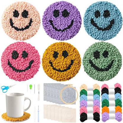 FoszaSzept Smile Punch Needle Coaster Kit, 22Pcs Embroidery Needle Coasters Crafts for Beginners, Easy DIY Mug Tufted Making Set with 6 Patterns Hoop Self Adhesive Felt Cloth Threading Device Gifts by Unknown