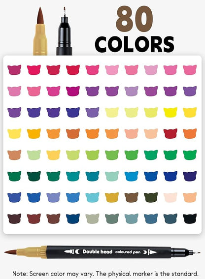 HornedDragon 80 Colors Dual Markers Brush Pens, Fine Felt & Brush Tip Marker Christmas Gifts for Adults, Stocking Stuffers Art Marker Pens for Coloring Book Journaling Note Taking Hand Lettering