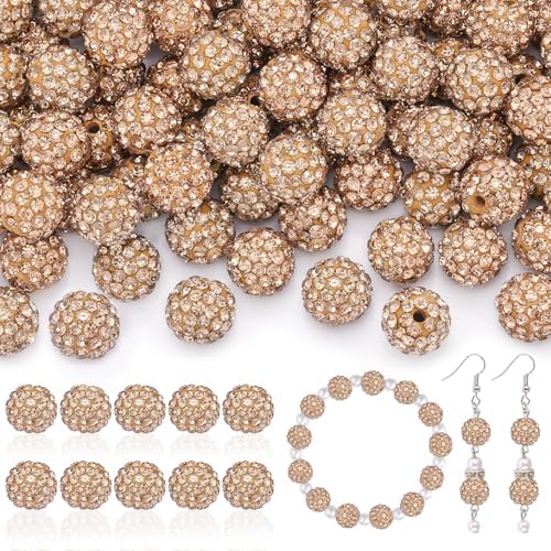 160pcs 10mm Rhinestone Beads for Jewelry Making, Light Brown Shiny Round Disco Ball Beads Bulk, Sparkle Crystal Clay Christmas for Bracelet Baseball Necklace Earring Crafting and DIY by TINKRSTUFF