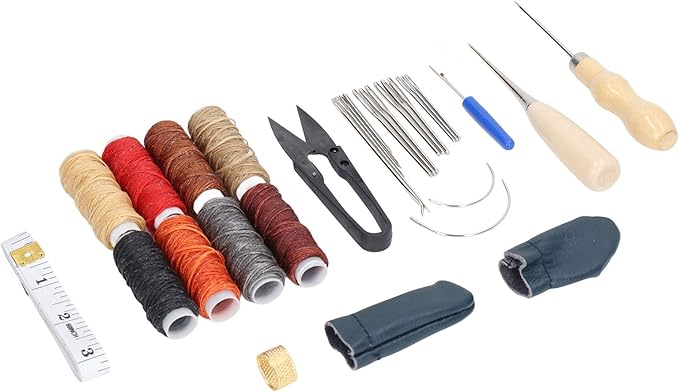 32Pcs Leather Craft Tools Kit, All in One Hand Sewing Kit for DIY Leather Goods Making, Stainless Steel Leather Working Tools with Wax Thread, Needles and Accessories for Beginners