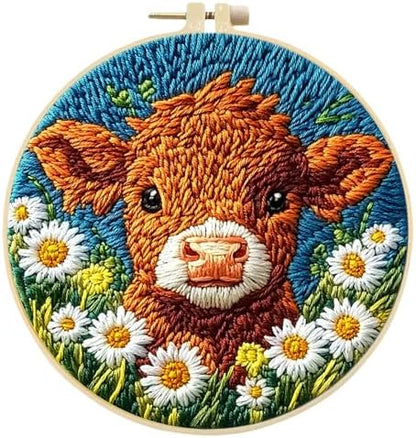 FRANDEK DIY Flower Cow Stamped Embroidery Kit with Hoop for Adults by FRANDEK