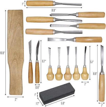 Lulu Home Wood Carving Tools, 16PCS Professional Carving Knife Tool Set for Woodworking Premium Wood Handle with Chisel Gouge Whetstones