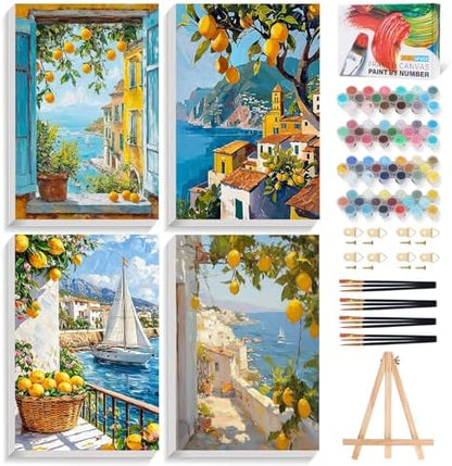 4 Pack Framed Paint by Numbers Kit for Adults Lemon Tree with Wooden Easel by Fountor