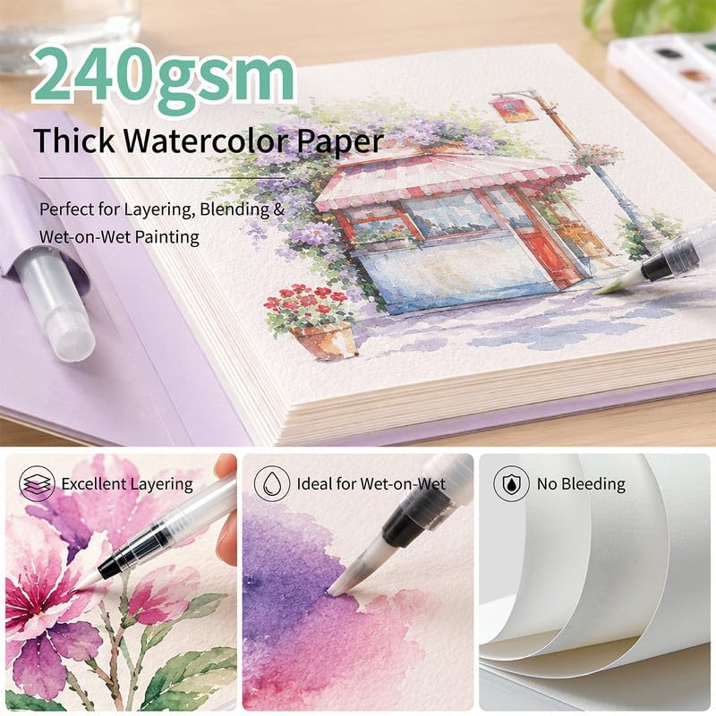 Watercolor Coloring Book for Adults, 2-Pack Watercolor Workbook Kit for Beginners with 24 Colors, 2 Water Brushes, 32 Pages, 240gsm Thick Watercolor Paper, Stress Relief Art Gift (Bird & Quiet) - Image 4