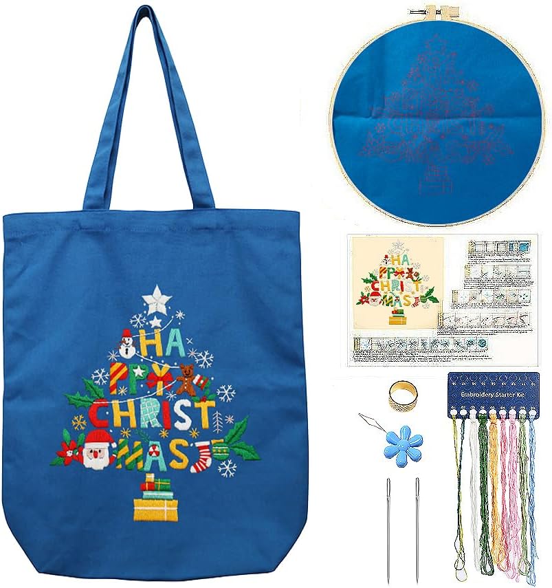 CREAWONDER Canvas Tote Bag Embroidery Kit with Pattern for Beginners, Arts and DIY Embroidery Crafts Kits for Adults, Include Instructions, Thimble, Embroidery Hoops, Color Threads and Tool by Unknown