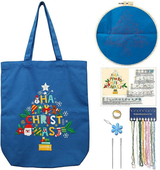 CREAWONDER Canvas Tote Bag Embroidery Kit with Pattern for Beginners, Arts and DIY Embroidery Crafts Kits for Adults, Include Instructions, Thimble, Embroidery Hoops, Color Threads and Tool by Unknown