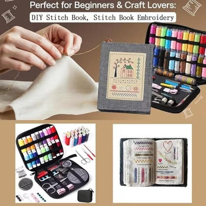 Embroidery Stitch Book, Portable Sewing & Hand Embroidery Kit, Cross Stitch Kits, DIY Needlepoint Starter Set with Complete Toolkit & Instructional Tutorial for Adults & Beginners