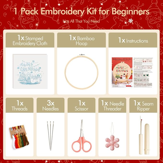 Christmas Embroidery Kits: 1 Pack Cross Stitch Kit for Beginners Adults, DIY Ornaments Craft Kit with All Tools & Instructions, Stamped Hand Embroidery Starter Kit for Holiday Crafts & Xmas Home Decor