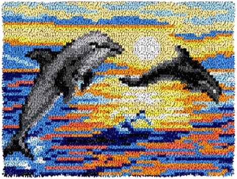 MIAOLLUN Sunset Dolphins Latch Hook Rug Kit for Adults Beginners, 2 Dolphins Pattern Rug Making Craft Embroidery Tapestry Set Home Decoration 20.5X15inch by MIAOLLUN