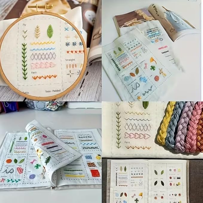 Embroidery Stitch Book, Portable Sewing & Hand Embroidery Kit, Cross Stitch Kits, DIY Needlepoint Starter Set with Complete Toolkit & Instructional Tutorial for Adults & Beginners