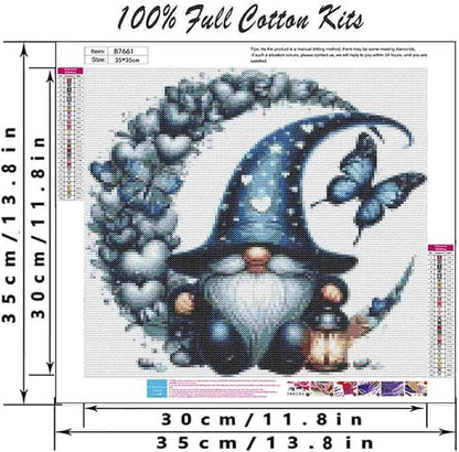 DYAIANGMU Stamping Cross Stitch Kit,Gnome Butterfly Stitch Kit for Adult Beginners, Full Line DIY Cross Stitch Stitching Kit for Home Decor Cross Stitch Patterns 13.7x13.7 inches