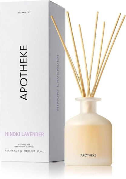 Apotheke Luxury Scented Reed Diffuser for Home, Hinoki Lavender - 6.7 Fl Oz Essential Oil Aromatherapy - 10 Rattan Scent Sticks Room Diffuser - Long-Lasting Fragrance for Bedroom, Home, Bathroom