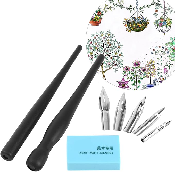 KooingTech Dip Pen Set With 2 Manga Pen Nib Holder and 5 Dip Pen Nibs, Cartoon Comic Dip Pen Set, Drawing Comic Pen Nib With Drawing Eraser