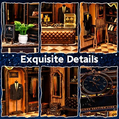 DIY Miniature Dollhouse Kit with LED Light, 3D Wooden Puzzle Book Nook Kit for Adults and Teens, Creative Tailor Shop Model Kit to Build, Home Decor Hobby Gift (Golden Section Line) - Image 3