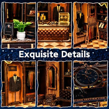 DIY Miniature Dollhouse Kit with LED Light, 3D Wooden Puzzle Book Nook Kit for Adults and Teens, Creative Tailor Shop Model Kit to Build, Home Decor Hobby Gift (Golden Section Line) - Image 3