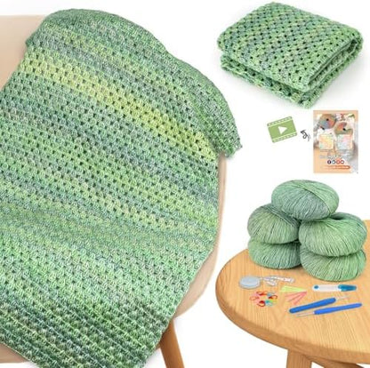 Aeelike Crochet Blanket Kit for Beginners, Easy Crochet Kit, Green Gradient by Aeelikescrochetworld