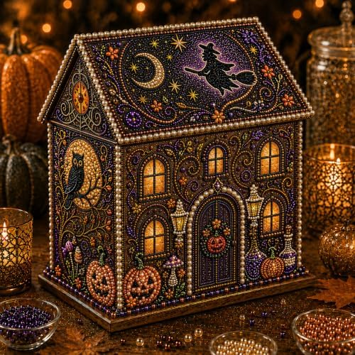 Halloween Wooden House 3D Rhinestone Diamond Art DIY Kit, for Adults, Wooden 3D House with Round Rhinestones and Pearl Accents for Hands-on Halloween Crafting and Tabletop Seasonal Decor. (Style-D) by Chgcuofce