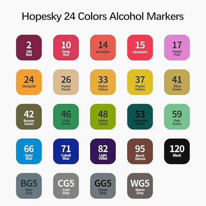 Hopesky 24 Colors Alcohol Markers - Dual Tip Permanent Art Markers Set for Coloring Drawing Painting, Fine and Chisel Tip Alcohol Based Pens with Storage Case for Adult Artists