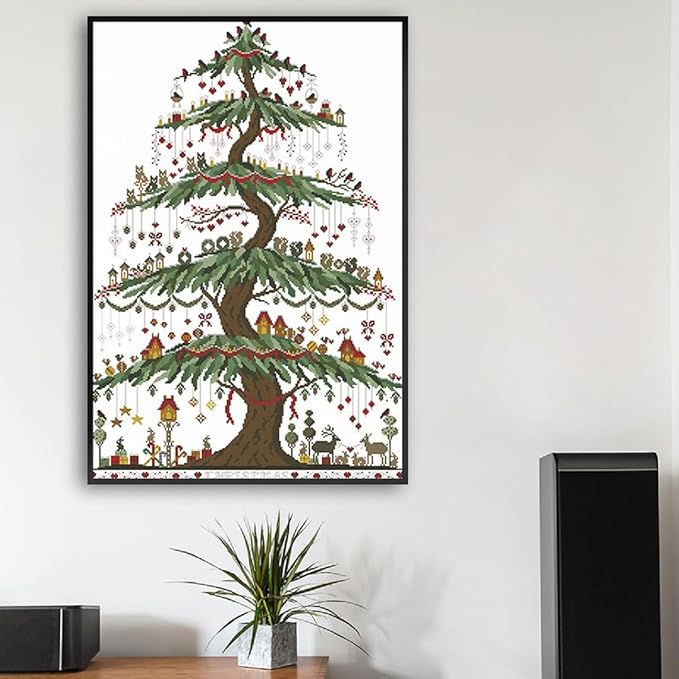 Qeerysew Cross Stitch Kit Stamped Full Range of Embroidery Starter Kits for Beginners DIY- Printed kit Christmas Tree (2) (Printed) 14CT 18.9×25.98 inches