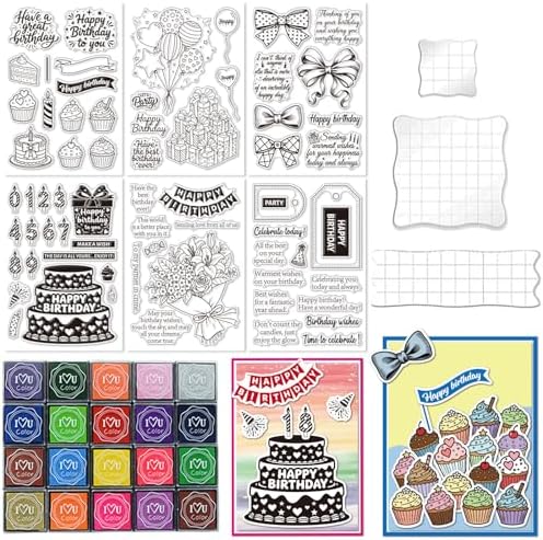 6 Pcs Clear Stamps for Birthday Card Making Supplies 20 Ink Pad by GLASSWINDS